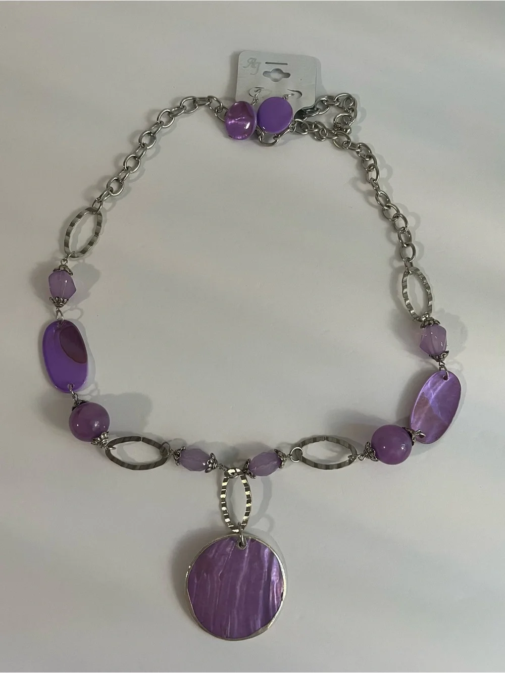 Purple Statement Necklace & Earrings Set | Silver Tone | Beaded Pendant